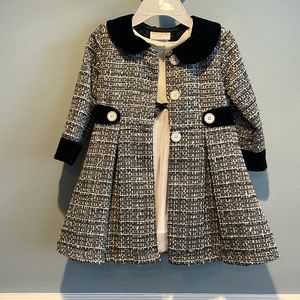 Tulle and cotton white dress with velvet and tweed sparkle coat.